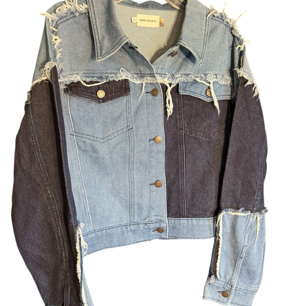 NWT Honor the Gift Two-Tone Frayed Jean Jacket with Peace Logo on Back